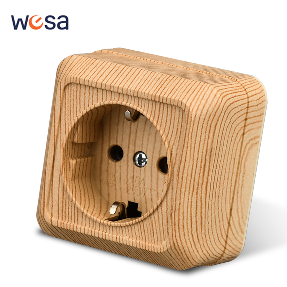 Outdoor Power Hub - Wesa ปลั๊กเสียบพื้นผิวไม้ติดผนังปลั๊กไฟฟ้าอียูเลียนแบบกราวด์ซ็อกเก็ตไฟฟ้ากลางแจ้งไม้ไฟหน่วงไฟพลาสติก
