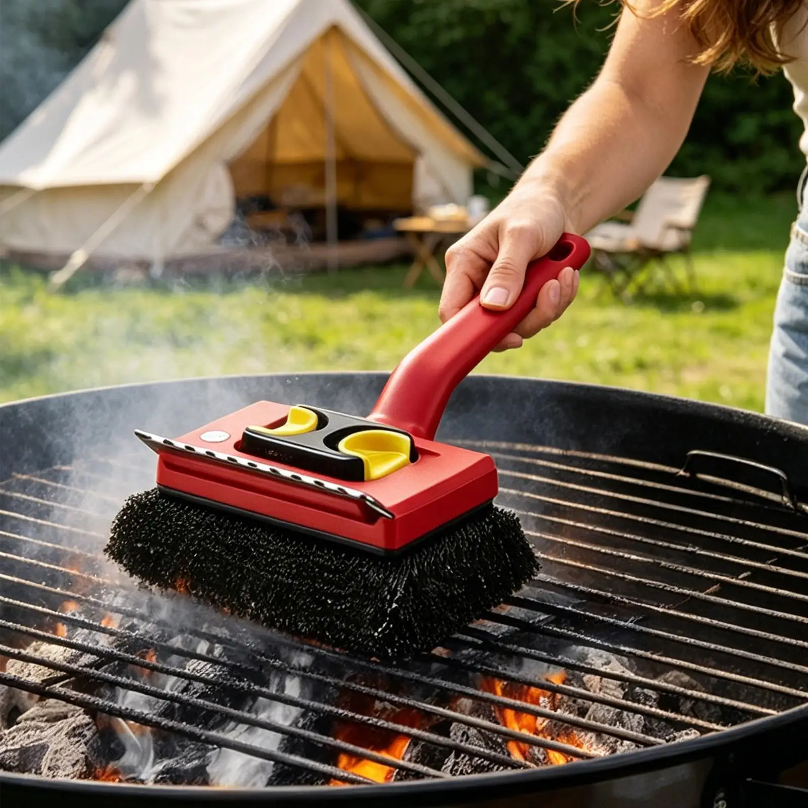 Outdoor Power Grill - แปรงทำความสะอาดเตาย่างไฟฟ้าด้ามยาว ดีไซน์ทนทานไม่หลุดร่วง เครื่องมือทำความสะอาดทรงพลังสำหรับการใช้งานกลางแจ้ง แคมป์ปิ้ง ปิกนิก และบาร์บีคิว