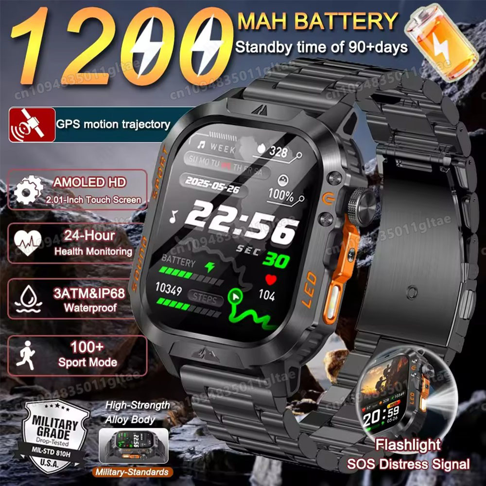 Outdoor Power Monitor - 2026 ใหม่นาฬิกาสมาร์ททหารผู้ชาย IP67 3ATM กีฬากลางแจ้งฟิตเนสติดตามความดันโลหิตสุขภาพ BT