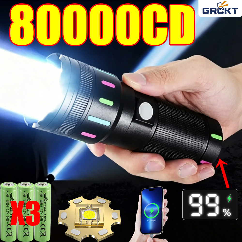 Outdoor Power Bank - ไฟฉาย LED กำลังสูง 80000CD ไฟฉายยุทธวิธีสำหรับการล่าสัตว์ ไฟฉายชาร์จได้